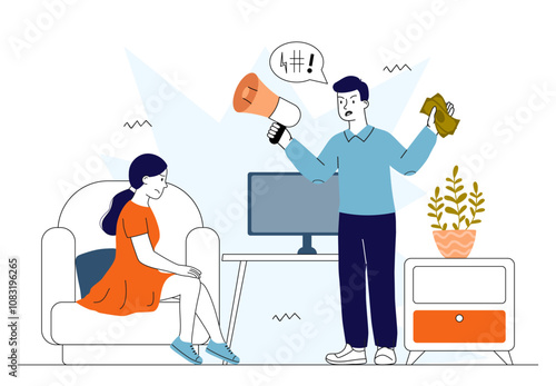 Conflict and troubles in communication. Woman and man with loudspeaker shout at each other. Negative feelings and emotions. Linear vector illustration