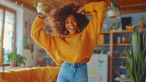 In a vibrant multicolored living room with a dynamic motion blur modern decor, a vibrantly energetic African American teenager is dancing joyfully in front of natural daylight streaming into the room photo