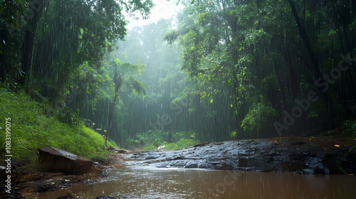 Rainy season in agumbe rainforest. Monsoon. Illustration photo