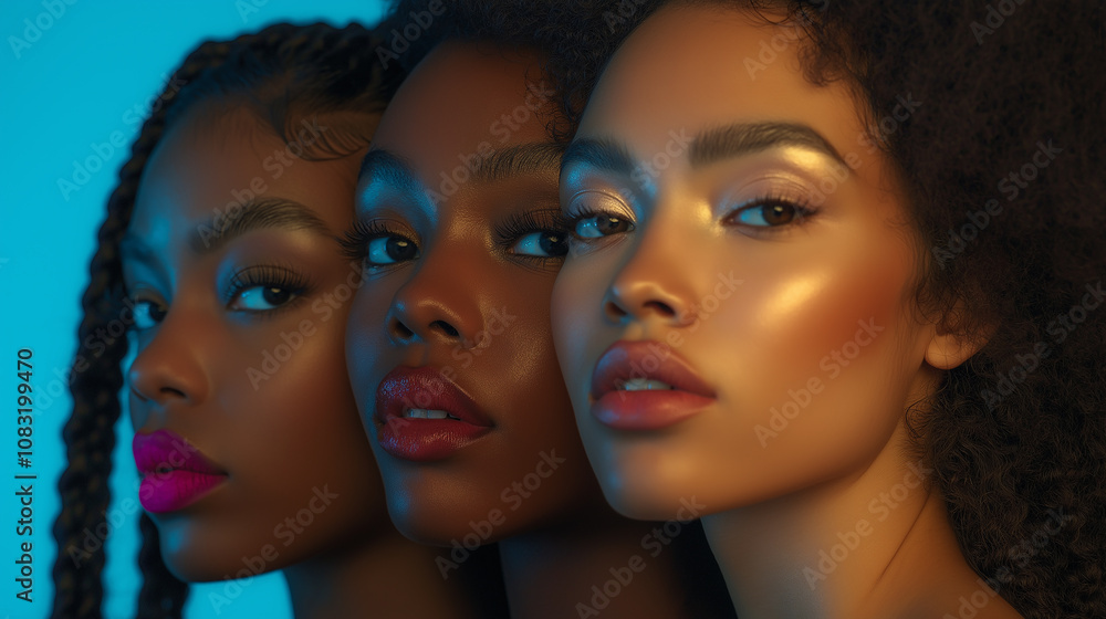 Obraz premium Women with diverse hair textures braids, straight, afro, clear soft lighting