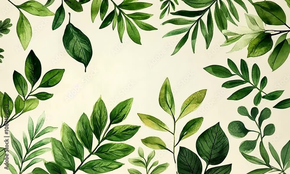 Watercolor painting of various green leaves on a beige background.