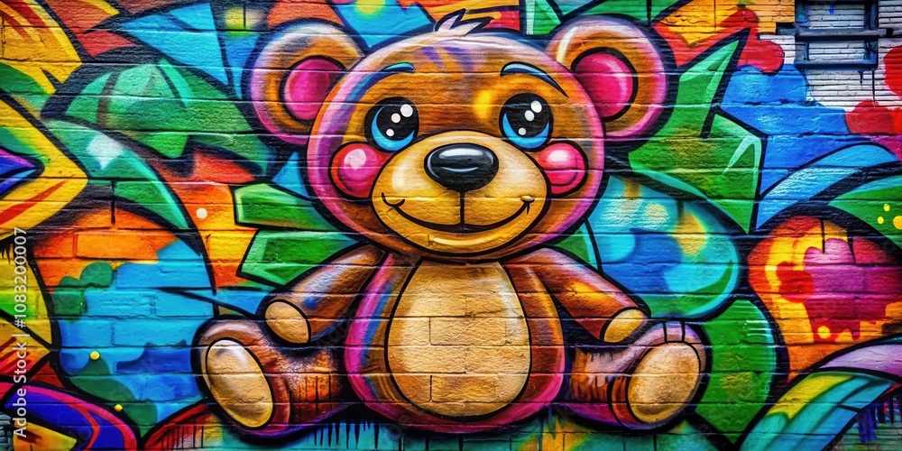 Fototapeta premium A whimsical teddy bear painted on a brick wall, a vibrant explosion of colors and playful shapes, a testament to the creative spirit of urban art.