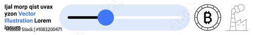 Combination of a horizontal slider with blue knob, Bitcoin symbol in a circle, and factory icon with smokestack. Text elements in blue and black. Ideal for technology, cryptocurrency, user interface
