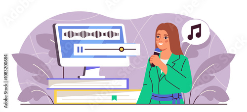 Woman record vocal. Young girl with microphone near computer. Singer recording song and melody. Hobby and leisure, creativity. Flat vector illustration