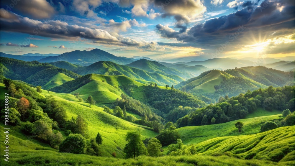 Obraz premium A picturesque landscape of rolling green hills bathed in the warm glow of a setting sun, with clouds casting long shadows across the valley.