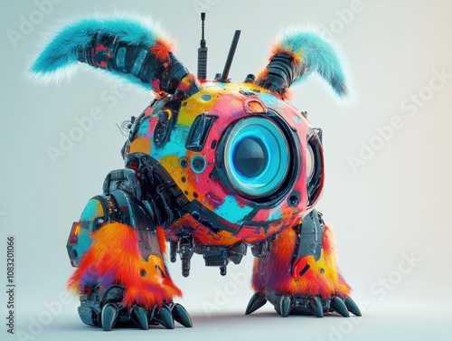 A colorful robotic creature with fuzzy blue and orange ears and a single large blue eye. photo