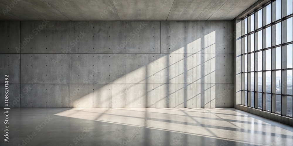 Obraz premium Light streaming through a large window onto a concrete wall in a spacious room.
