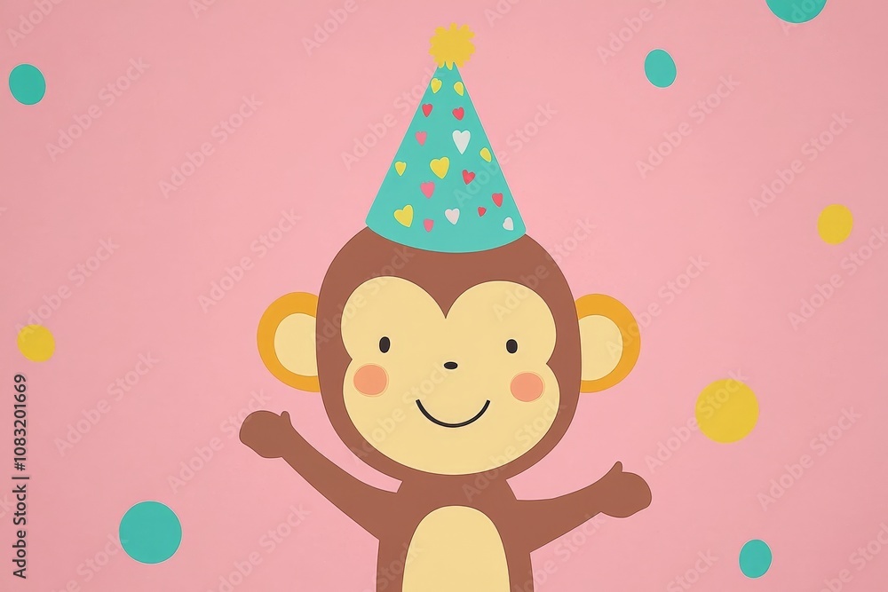 Obraz premium Cartoon monkey celebrating on a pink polka dotted background with arms raised in excitement perfect for lively party themes and childrens decor
