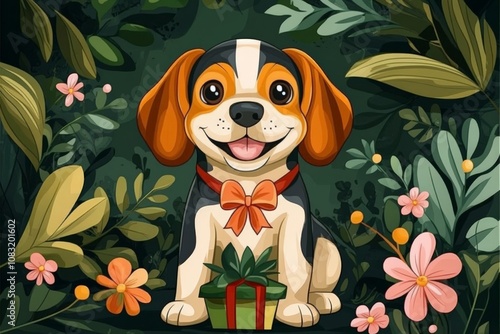 Cheerful Beagle puppy with a gift box surrounded by floral greenery on a vibrant background ideal for pet themed celebrations and whimsical designs photo