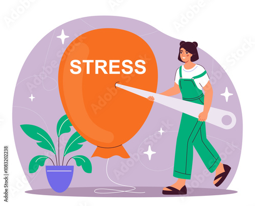 Woman bursting stress balloon. Young girl pierces balloon with needle. Negative feelings and emotions. Mental and psychological problems. Emotional burnout and fatigue. Flat vector illustration