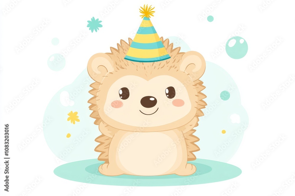 Fototapeta premium Smiling hedgehog in a festive party hat on a pastel blue background with subtle star elements perfect for cheerful animal themed birthday designs