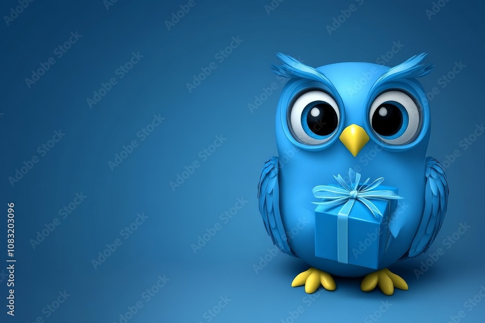 Obraz premium Festive blue owl holding a wrapped gift on a snowy teal background evoking a winter holiday or birthday celebration in a whimsical cartoon style