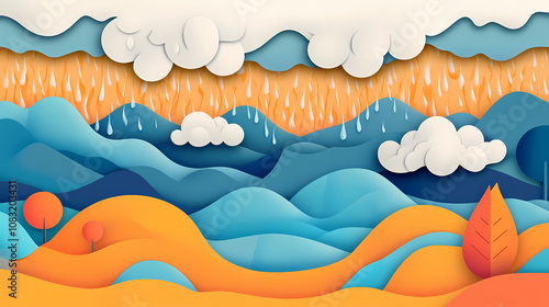 A conceptual depiction of meteorology with weather patterns and cloud formations, isolated on a clean background with room for text. Monsoon. Illustration photo