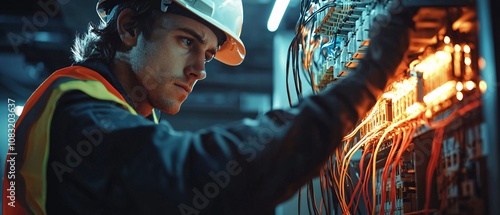 A skilled technician working on electrical wiring in a modern industrial setting, showcasing expertise in technology and safety protocols.