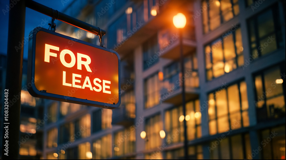 Obraz premium For Lease sign in front of modern apartment building at dusk, promoting real estate