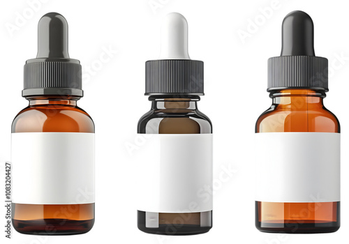 Dropper bottle set with white label on transparent background
