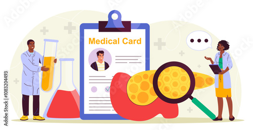 Team of endocrinologist. Man with test tubes and woman with magnifying glass evaluate liver. Scientific research. Diagnosis and treatment. Flat vector illustration