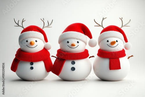 Trio of cheerful snowmen wearing red hats and scarves set against a bright background conveying warmth and joy in a cozy winter holiday setting photo