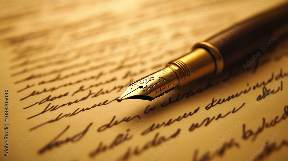 Fototapeta premium A gold fountain pen rests on a page of handwritten script.