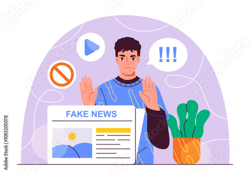 Man with fake news. Young guy with newspaper article. Lies and dishonesty. Propaganda and disinformation. Bad journalists and mass media. Flat vector illustration