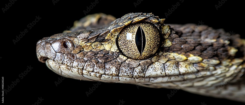 Fototapeta premium Close-up view of a reptile's head, showcasing intricate scales and striking eyes. The unique texture and colors highlight the beauty of this species.
