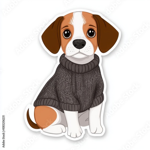 Cute cartoon dog wearing a cozy sweater, white isolated background. photo