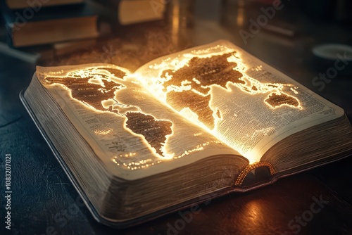 A glowing Bible casting light onto a world map, with pathways of light connecting diverse cultures and continents