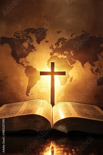 A glowing cross emerging from the pages of a Bible, casting light over a world map, signifying hope and unity