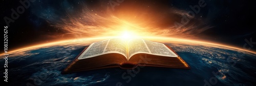 Open Bible floating above a planet illuminated by the sun, representing divine light and spiritual connection across the globe