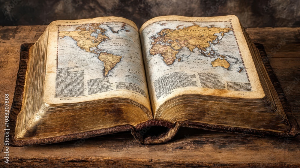 Obraz premium Open Bible with world map pages, showing the integration of scripture and global geography, blending spirituality with exploration