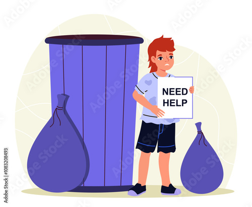 Homeless little boy. Schooler in dirty torn clothes with signboard need help. Poor person at city street. Kid or child without parents. Flat vector illustration