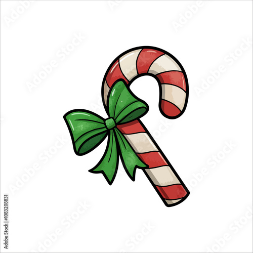 Candy Cane With Bow Vector. Christmas candy cane decorated with a bow .