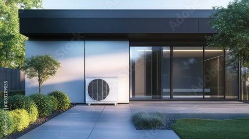 A sleek, contemporary home with a minimalist design, showcasing a heat pump discreetly integrated into the exterior. The stylish entrance features large glass doors and modern landscaping.