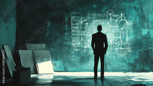 Man standing room quantum break identity super domino mask disappearing diagrams black stencil computation dressed long fluent clothes. Quantum. Illustration