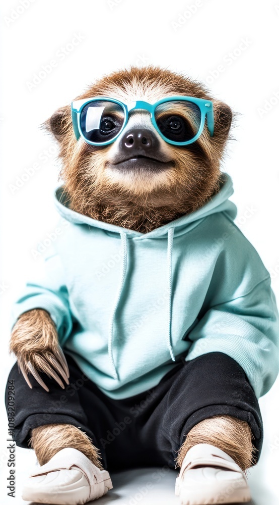 Naklejka premium A sloth wearing sunglasses and a hoodie, exuding a cool and relaxed vibe.