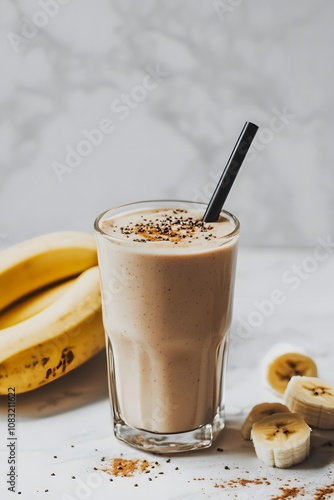 Glass of banana smoothie with bananas on white background. photo