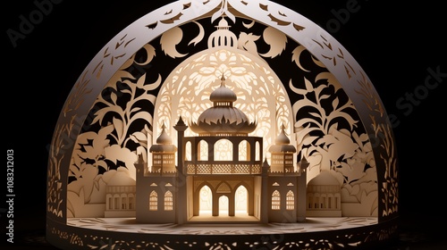 Paper cut of a mosque dome with ornate Arabic calligraphy,generative ai illustration