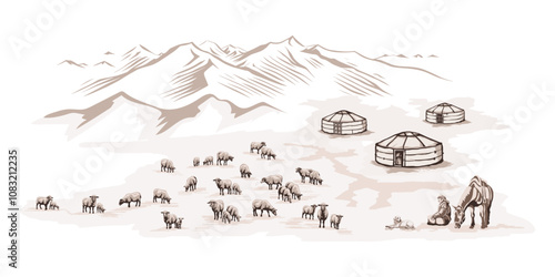 Sketch on the topic of life in Central Asia, nomads life, yurt in the mountains, flock of sheep, vector illustration	