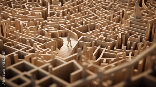 paper cut of a person walking through a maze in their mind, searching for answers,generative ai illustration