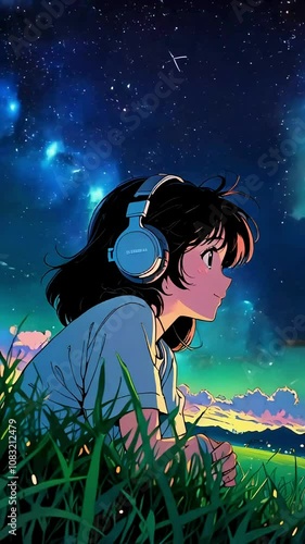 anime girl lofi, Lo-fi, 4K resolution, peaceful, plant, night, sound, music, 4K Lofi Japanese Anime-style background animation video, anime lofi girl, lofi animation, cosmic sky animation