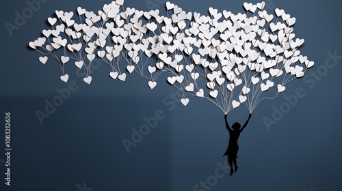 Paper cut of a person with thoughts represented by balloons lifting them higher, symbolizing freedom,generative ai illustration