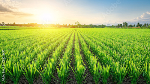 A vibrant green rice field stretches under a bright sun, showcasing neatly arranged rows of lush plants against a scenic sky.