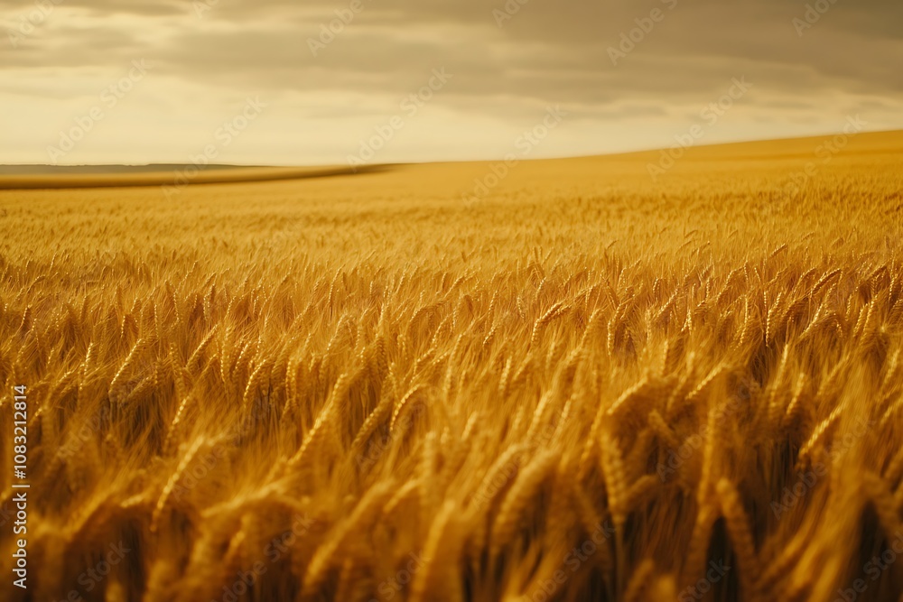 Obraz premium A golden wheat field sways gently under a cloudy sky, capturing the essence of agriculture.