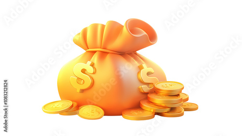 Illustration of a Money Bag Filled with Coins Representing Wealth isolated on transparent background	
