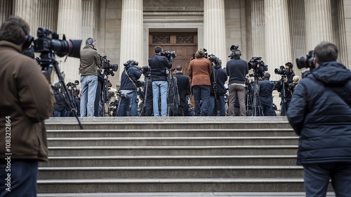 A large group of journalists with cameras and microphones stand on the steps of a building, waiting for a press conference. photo