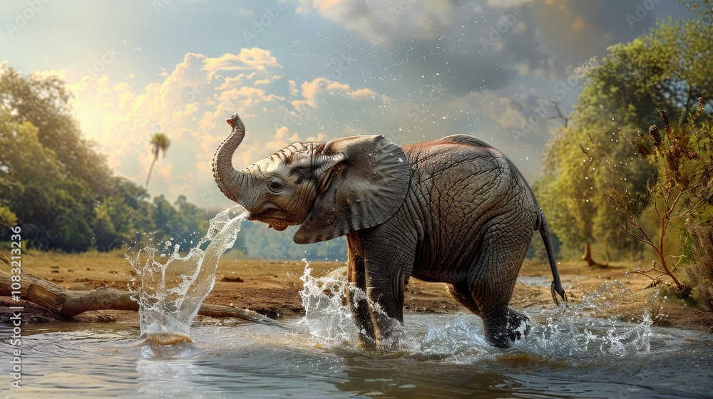 Fototapeta premium Playful Elephant Splashing in Water