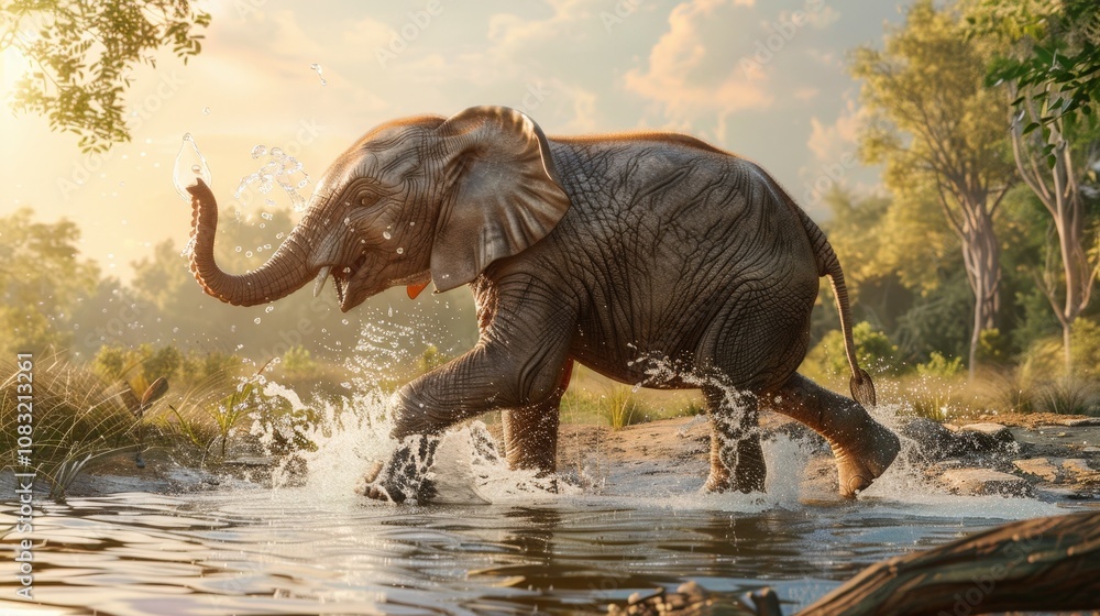 Fototapeta premium Playful Elephant Splashing in Water at Sunset