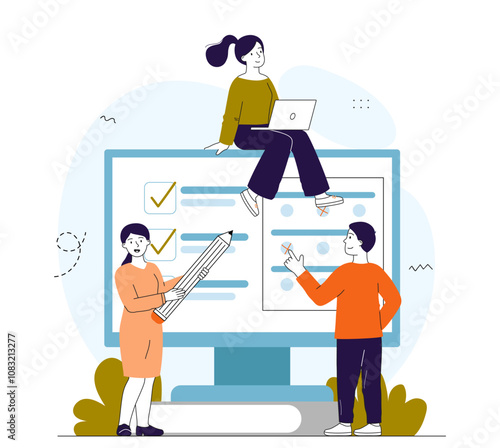 People with internet voting. Man and women near computer screen with voting sheet. Freedom of speech and democracy. Selection of candidates on internet. Linear vector illustration