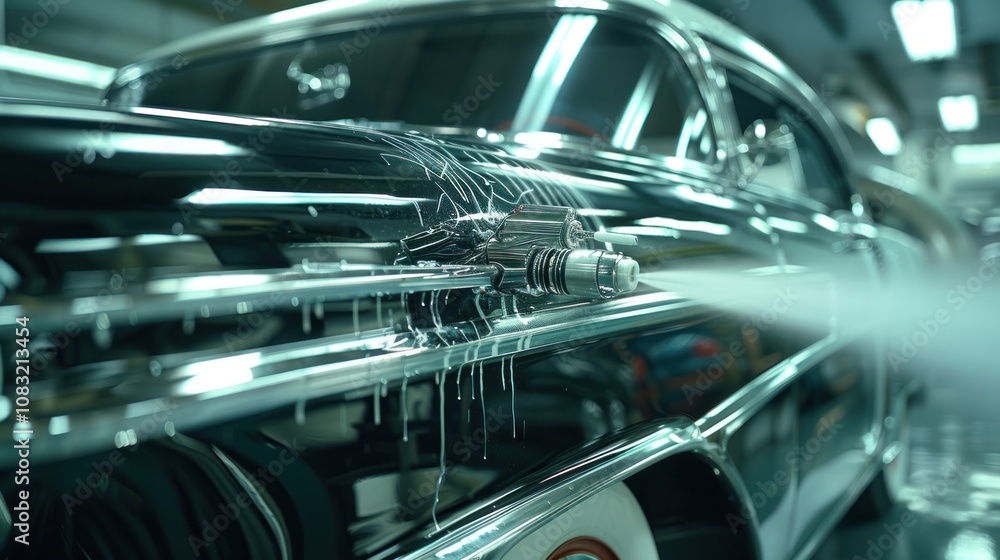 Fototapeta premium Close-up of a classic car being washed with a high-pressure water sprayer, creating a foamy stream and leaving a slick, wet surface.