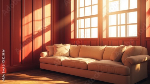 Cozy living room with red paneled walls and a beige sofa, warmly lit by sunlight filtering in from tall windows. photo